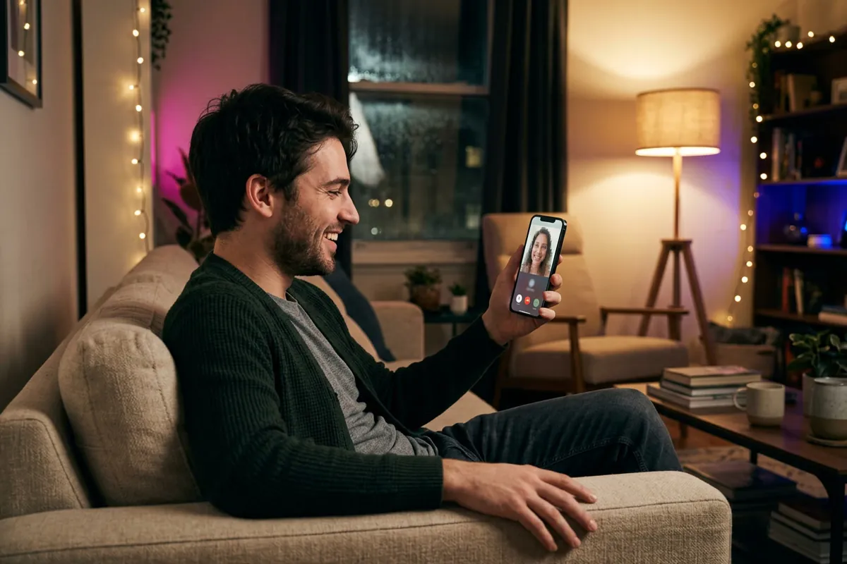 Young man starting a random video chat on his phone at home as an Omegle alternative