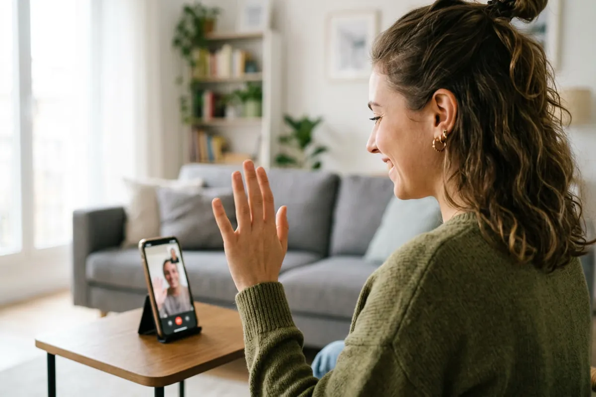 Woman smiling and waving during a one-on-one video chat match