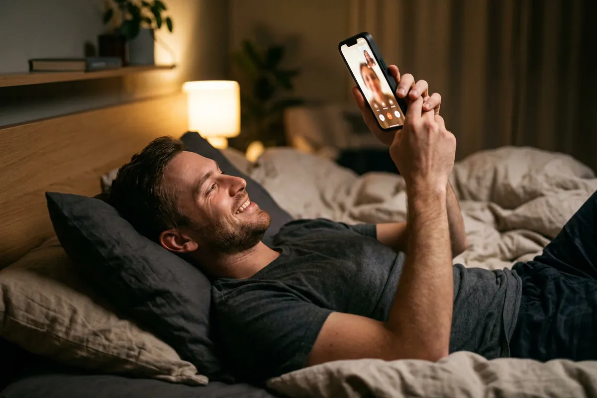 Man lying back at night smiling during a one-on-one random sex chat on his phone